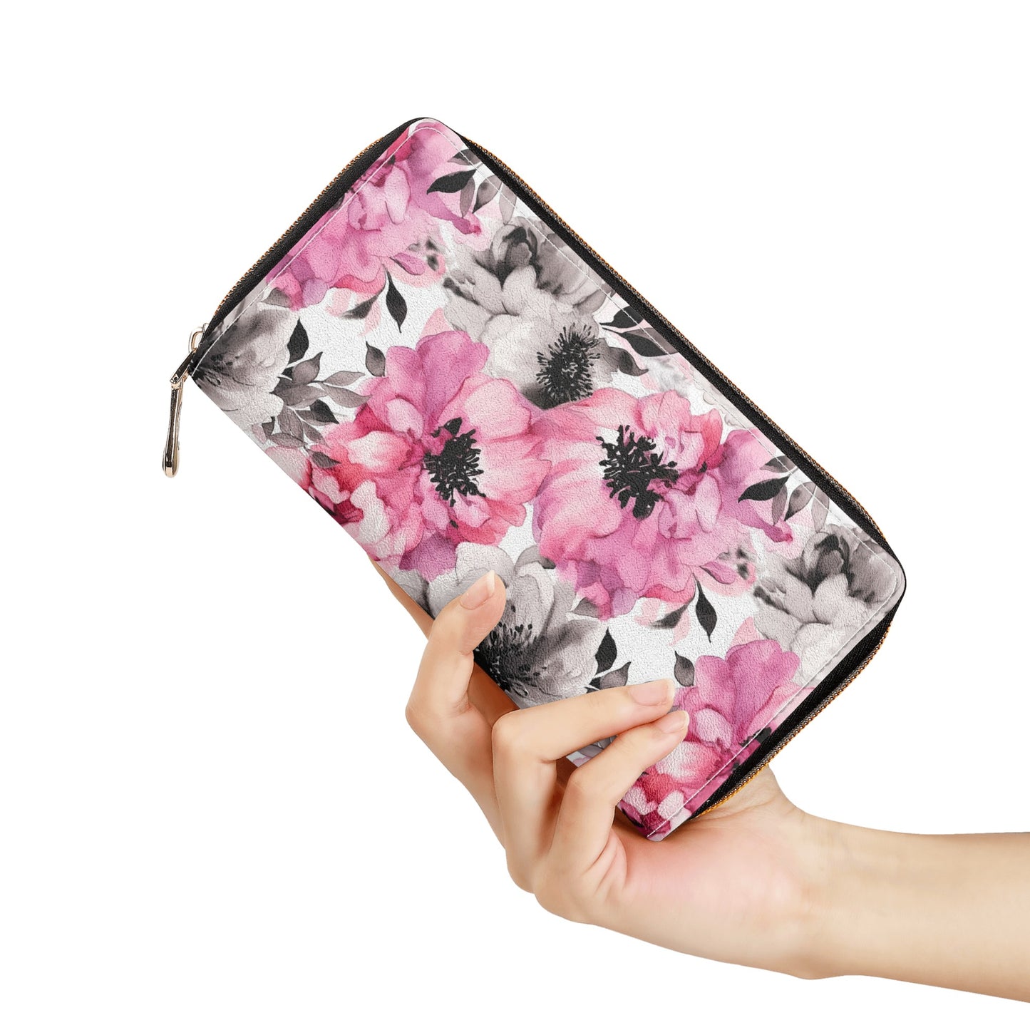 Graceful Elegance: Large Pink and Grey Watercolor Flower Design Leather Wallet (PU)