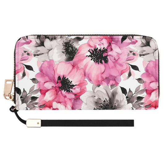 Graceful Elegance: Large Pink and Grey Watercolor Flower Design - Wristlet Wallet Leather (PU)