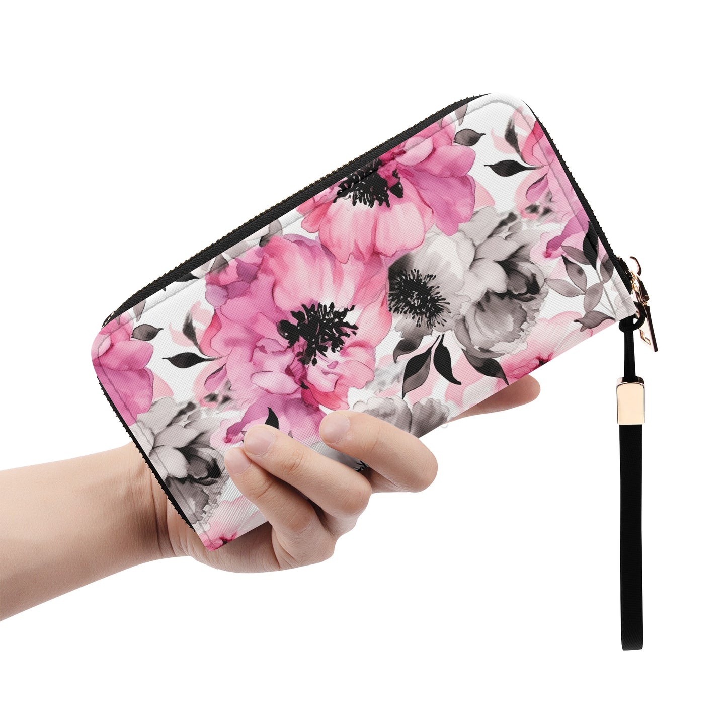 Graceful Elegance: Large Pink and Grey Watercolor Flower Design - Wristlet Wallet Leather (PU)