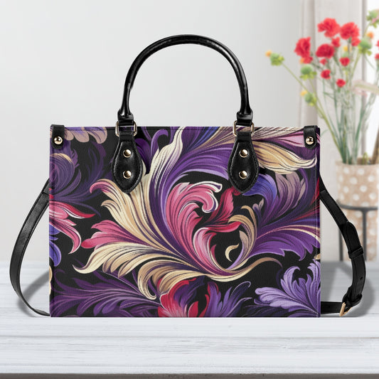 Purple, Gold & Pink Floral Swirls of Filigree Design Leather Handbag (PU) - 3 Sizes