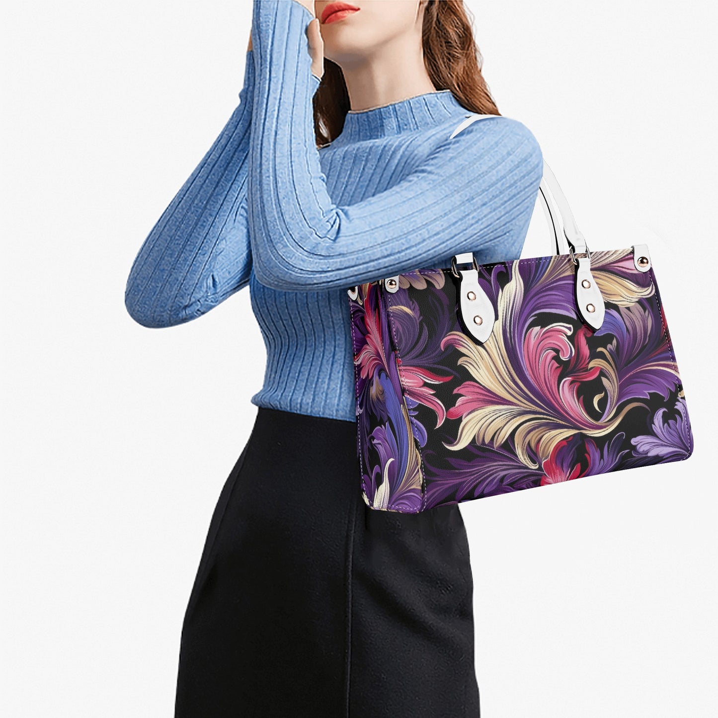 Purple, Gold & Pink Floral Swirls of Filigree Design Leather Handbag (PU) - 3 Sizes