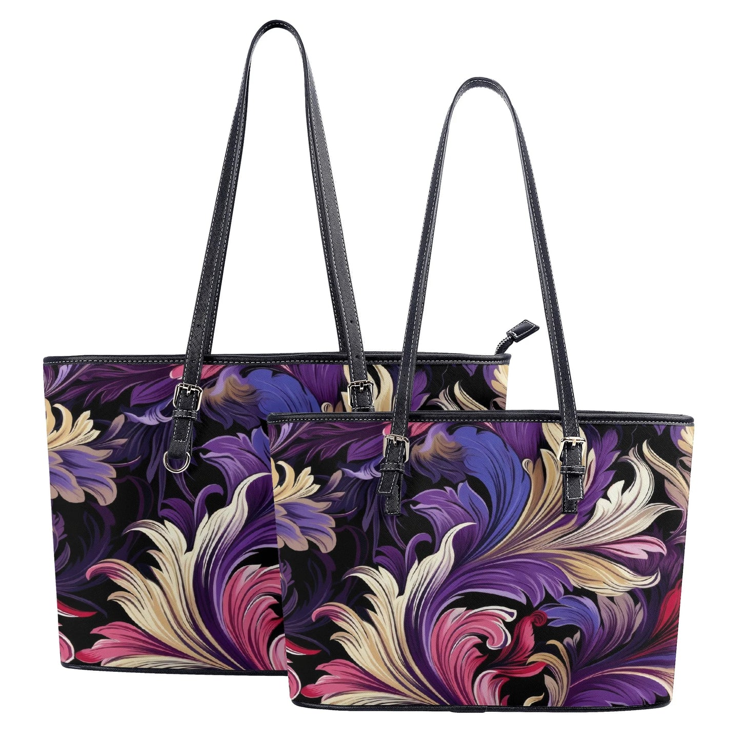 Purple, Gold & Pink Floral Swirls of Filigree Design Professional Tote Bag Faux Leather (PU) - 2 Sizes