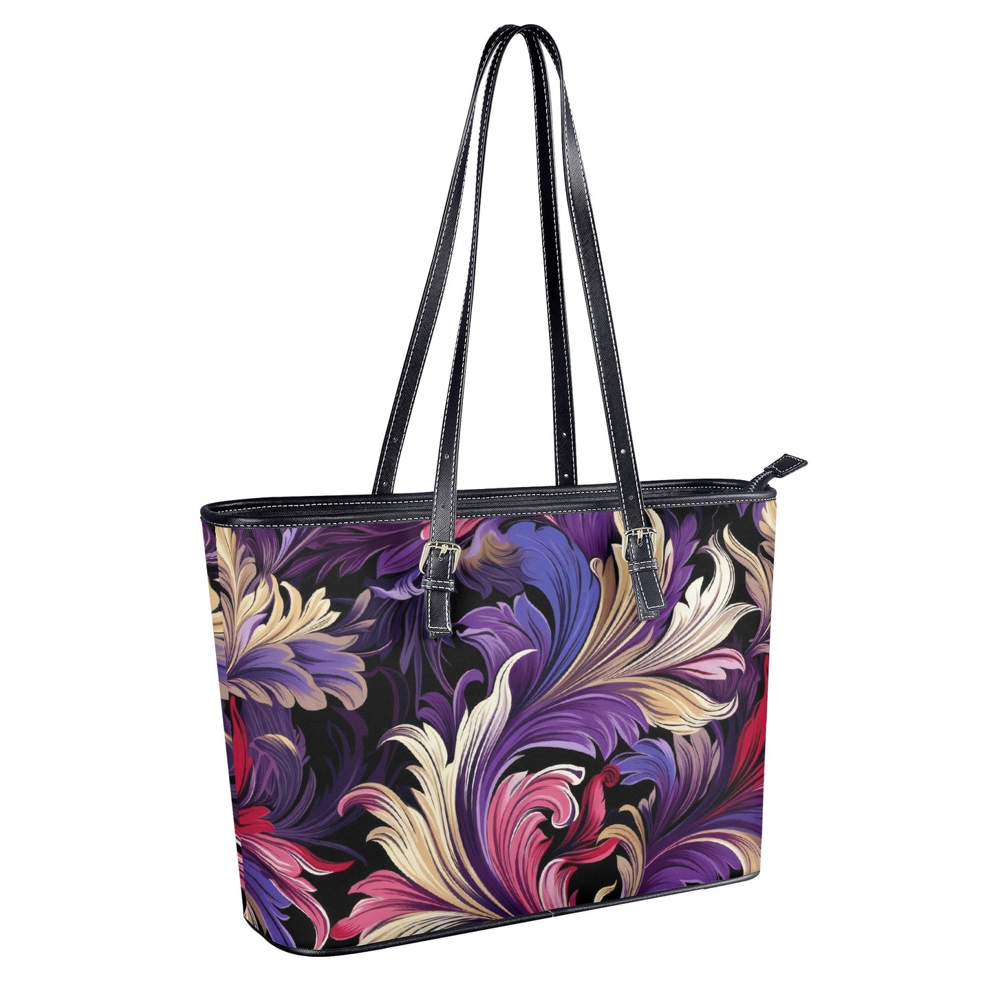 Purple, Gold & Pink Floral Swirls of Filigree Design Professional Tote Bag Faux Leather (PU) - 2 Sizes