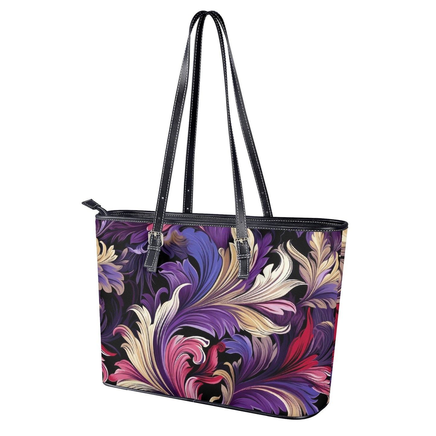 Purple, Gold & Pink Floral Swirls of Filigree Design Professional Tote Bag Faux Leather (PU) - 2 Sizes