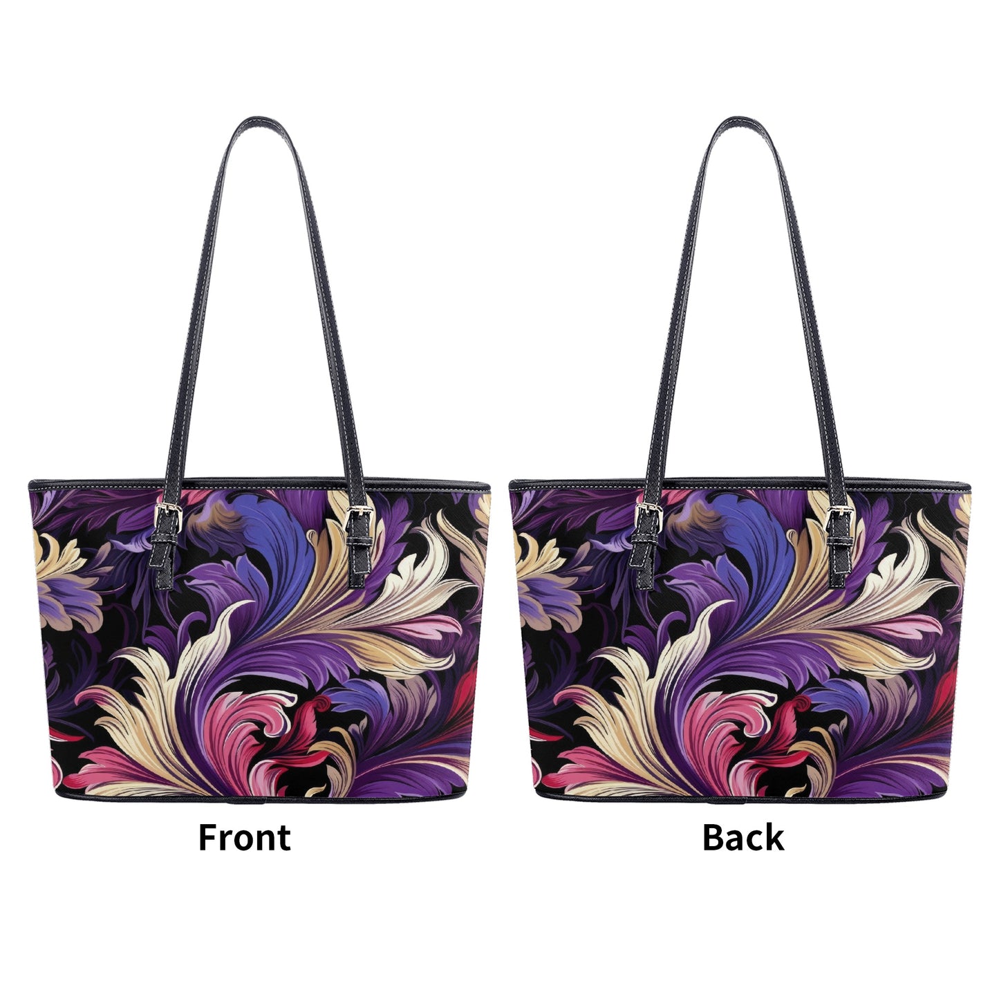 Purple, Gold & Pink Floral Swirls of Filigree Design Professional Tote Bag Faux Leather (PU) - 2 Sizes