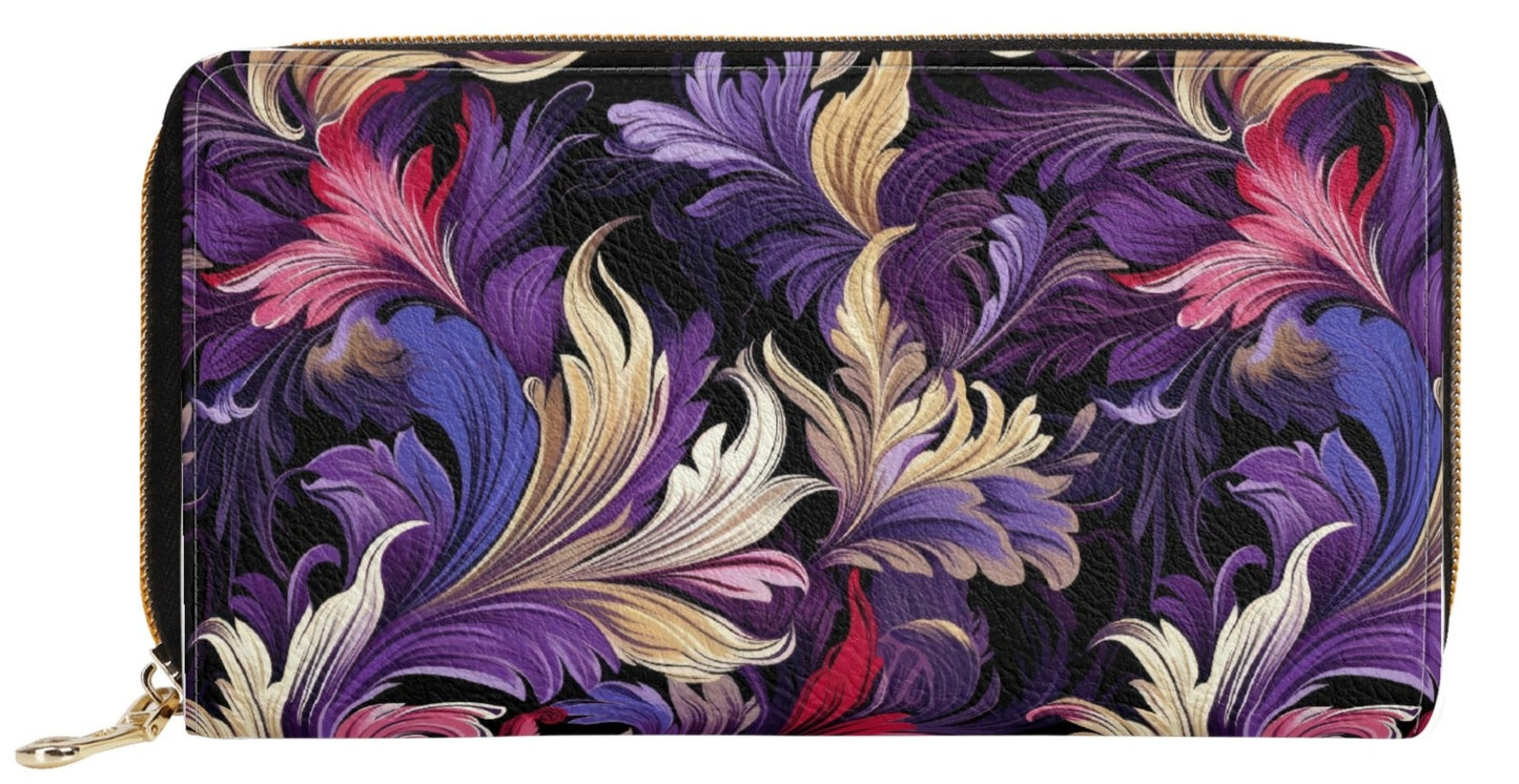 Purple, Gold & Pink Floral Swirls of Filigree Design Leather Wallet (PU)