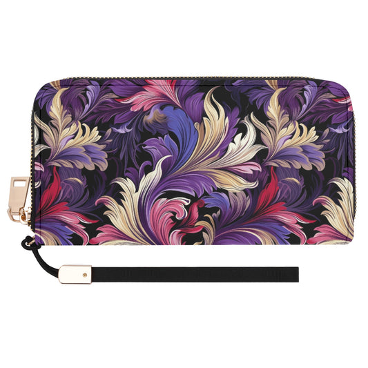 Purple, Gold & Pink Floral Swirls of Filigree Design - Wristlet Wallet Leather (PU)