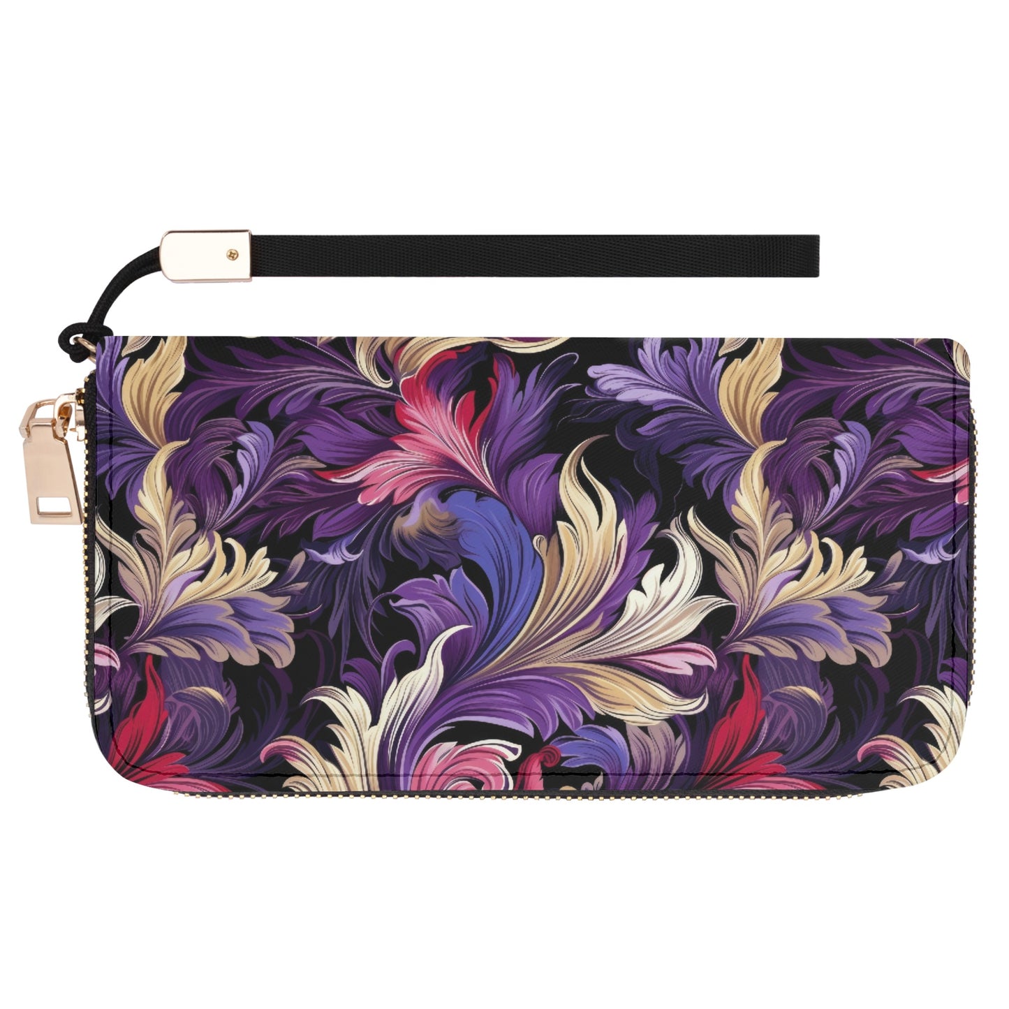 Purple, Gold & Pink Floral Swirls of Filigree Design - Wristlet Wallet Leather (PU)