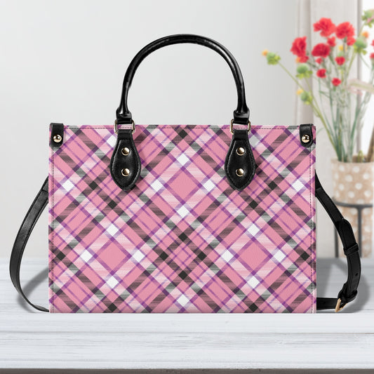 Chic Contrast: Pink & Black Argyle Plaid Pattern Leather Handbag (PU) - 3 Sizes