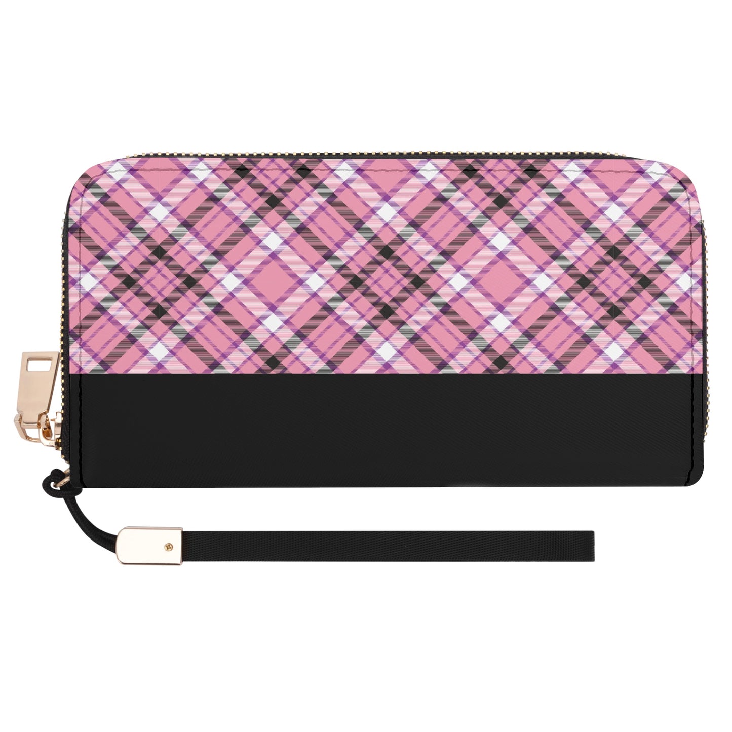 Chic Contrast: Pink & Black Argyle Plaid Pattern with Black Band - Wristlet Wallet Leather (PU)