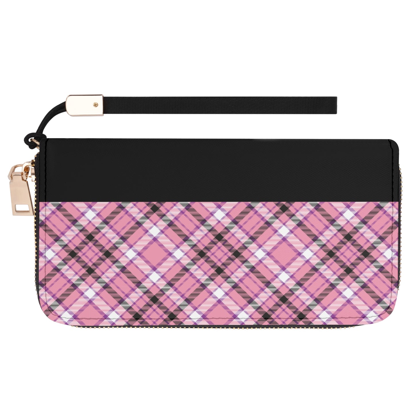 Chic Contrast: Pink & Black Argyle Plaid Pattern with Black Band - Wristlet Wallet Leather (PU)