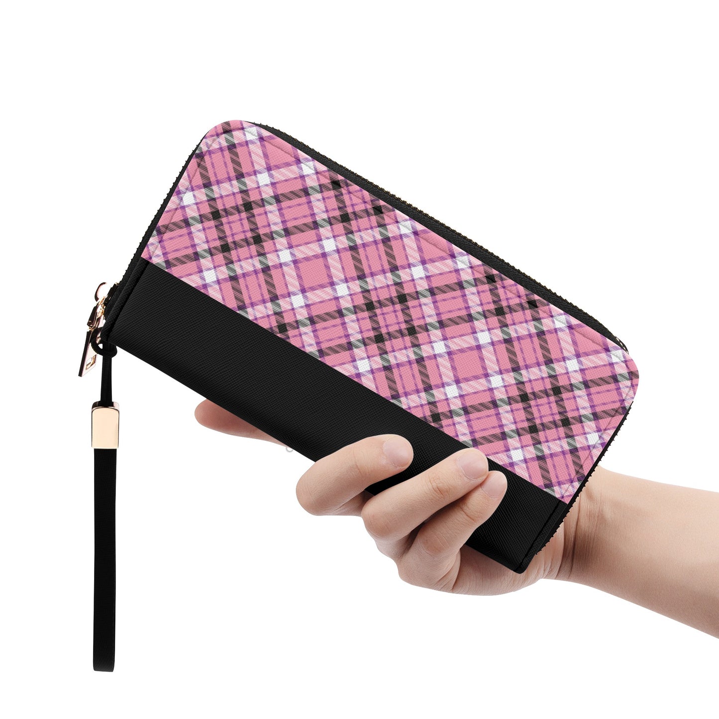 Chic Contrast: Pink & Black Argyle Plaid Pattern with Black Band - Wristlet Wallet Leather (PU)