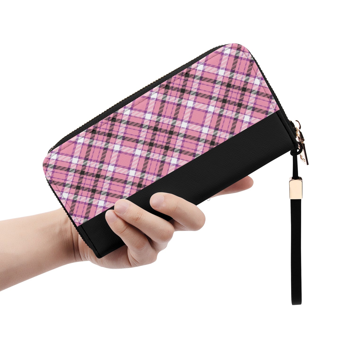 Chic Contrast: Pink & Black Argyle Plaid Pattern with Black Band - Wristlet Wallet Leather (PU)