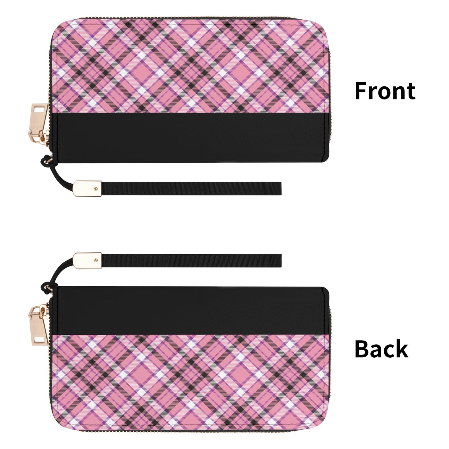 Chic Contrast: Pink & Black Argyle Plaid Pattern with Black Band - Wristlet Wallet Leather (PU)