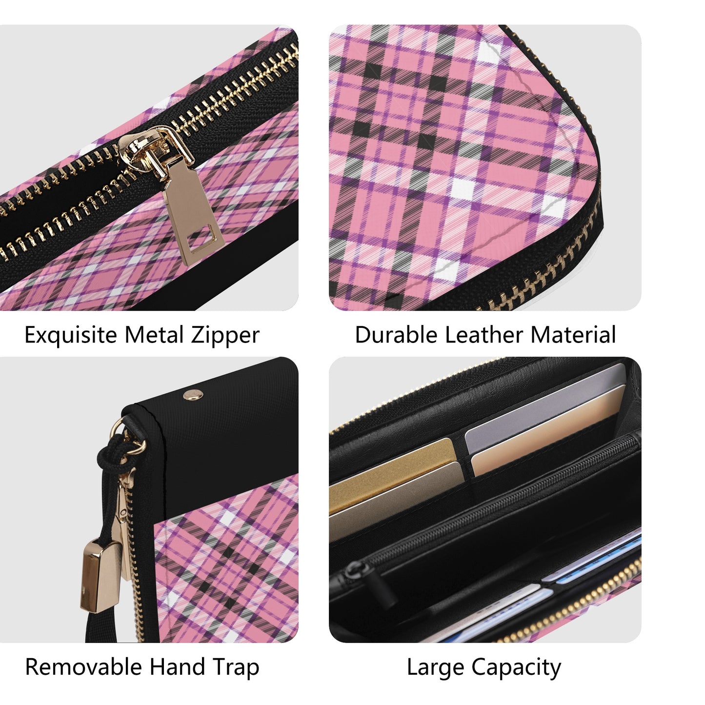 Chic Contrast: Pink & Black Argyle Plaid Pattern with Black Band - Wristlet Wallet Leather (PU)