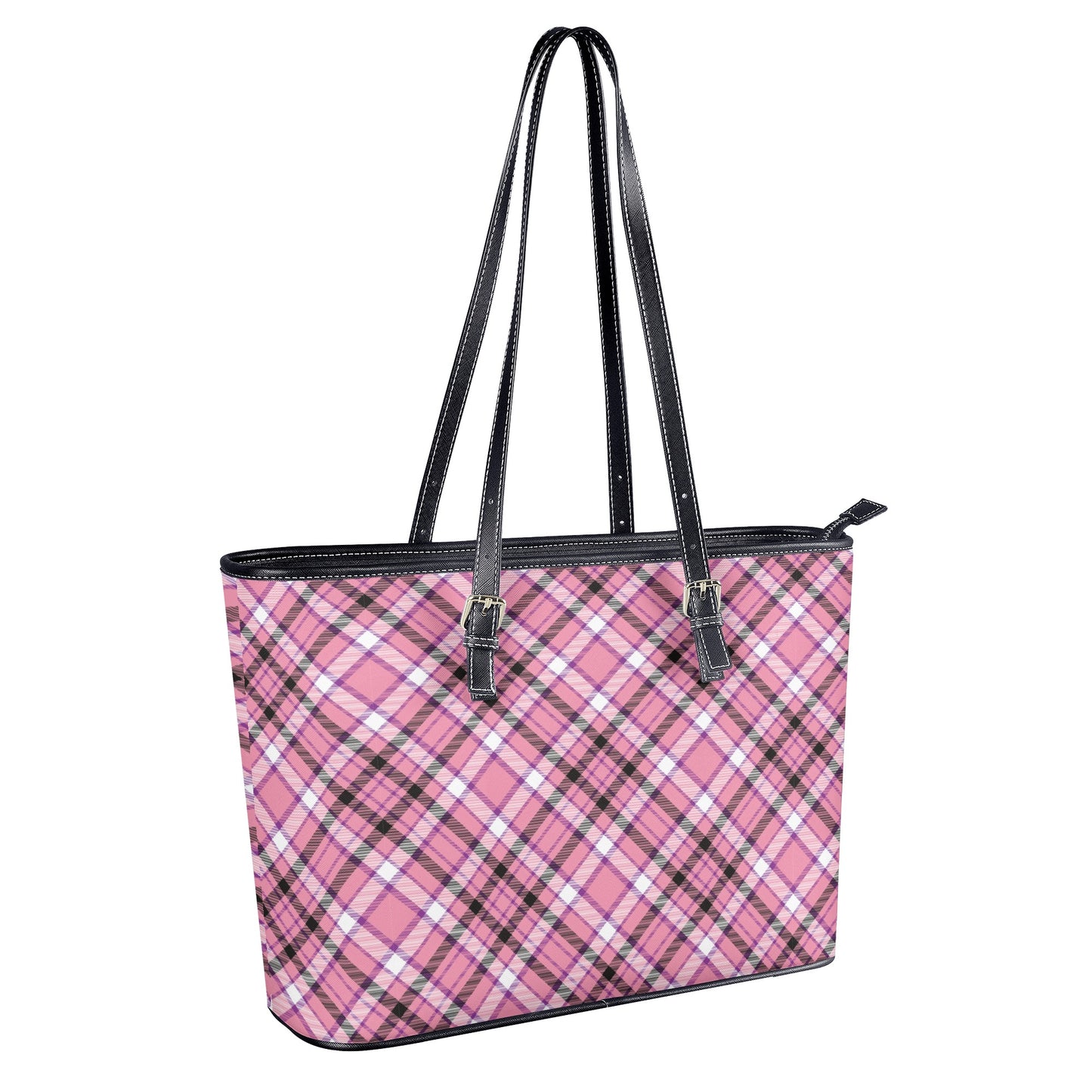 Chic Contrast: Pink & Black Argyle Plaid Pattern Professional Tote Bag Faux Leather (PU) - 2 Sizes