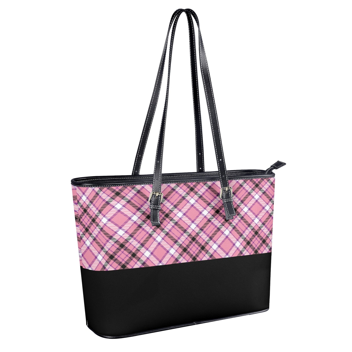 Chic Contrast: Pink & Black Argyle Plaid Pattern with Black Band Professional Tote Bag Faux Leather (PU) - 2 Sizes