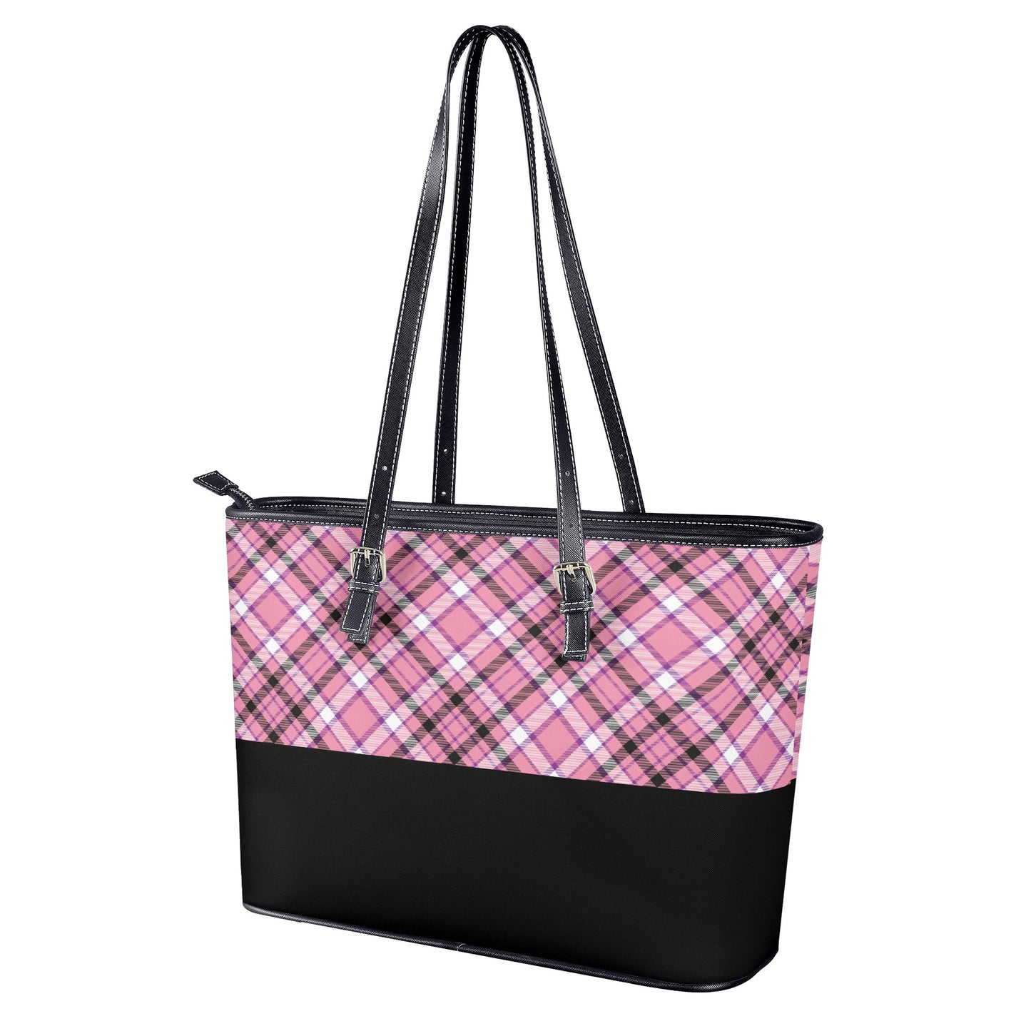 Chic Contrast: Pink & Black Argyle Plaid Pattern with Black Band Professional Tote Bag Faux Leather (PU) - 2 Sizes