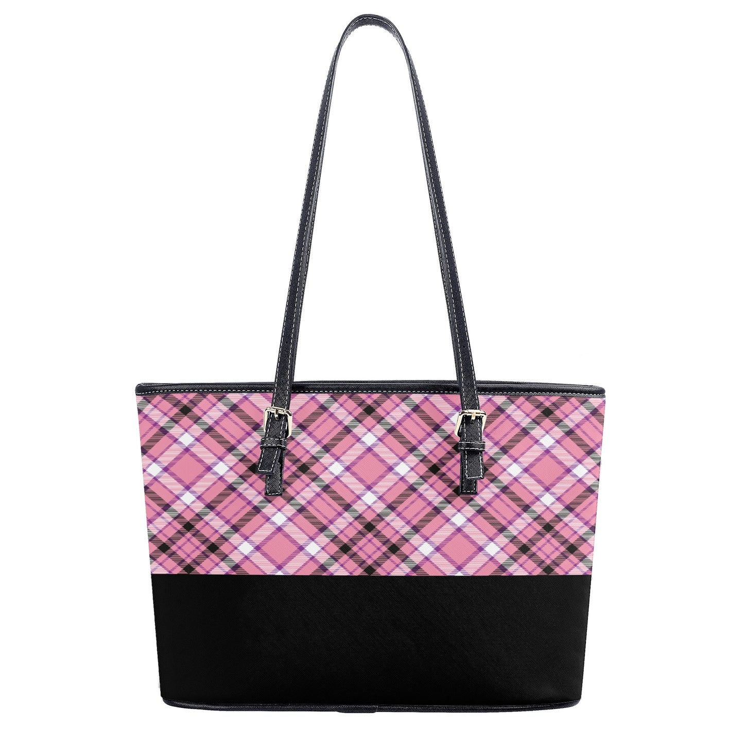 Chic Contrast: Pink & Black Argyle Plaid Pattern with Black Band Professional Tote Bag Faux Leather (PU) - 2 Sizes