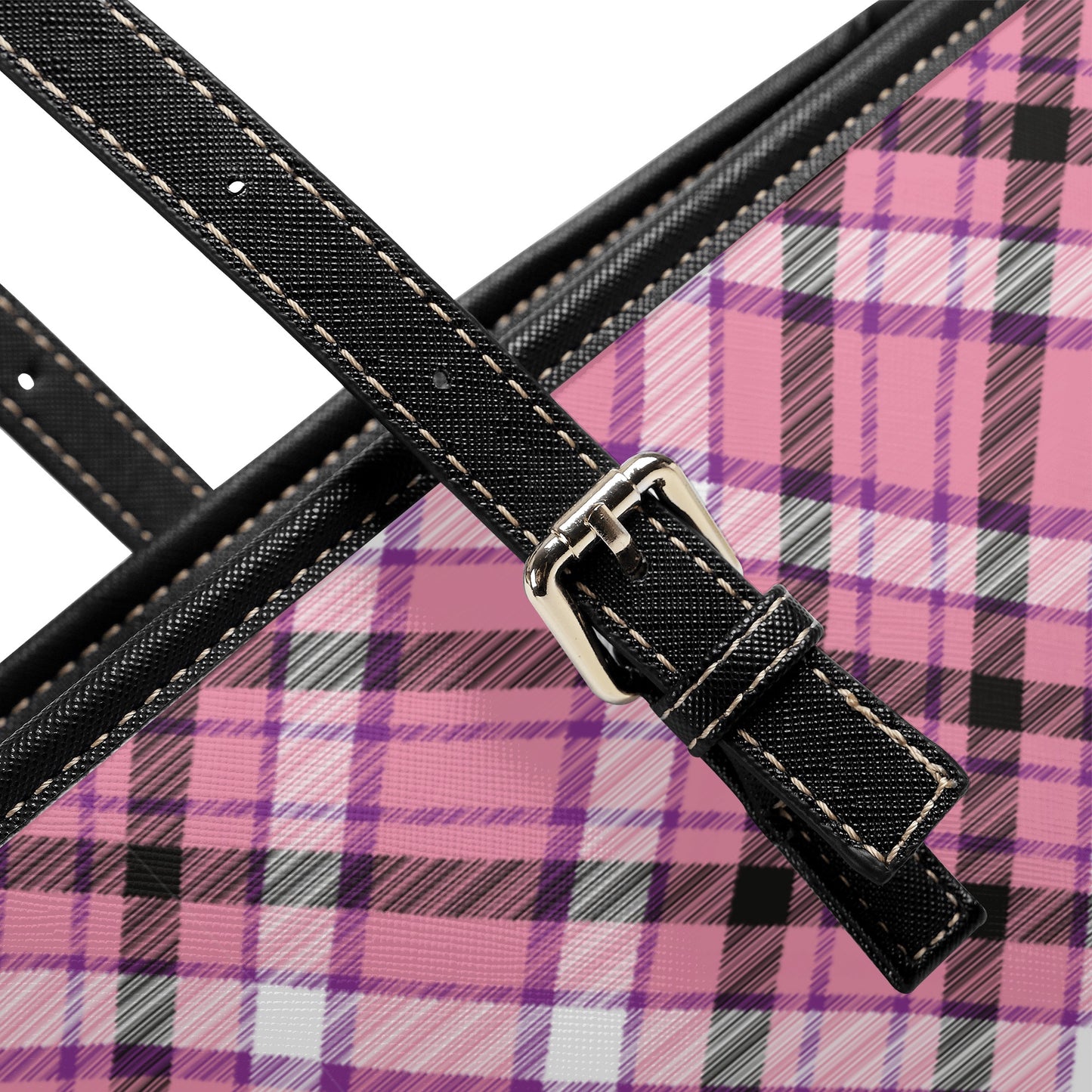 Chic Contrast: Pink & Black Argyle Plaid Pattern with Black Band Professional Tote Bag Faux Leather (PU) - 2 Sizes