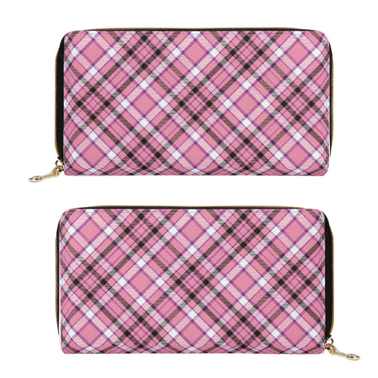 Chic Contrast: Pink & Black Argyle Plaid Pattern Leather Wallet (PU)