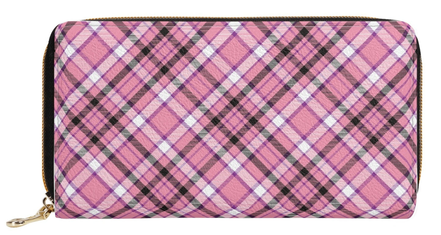 Chic Contrast: Pink & Black Argyle Plaid Pattern Leather Wallet (PU)