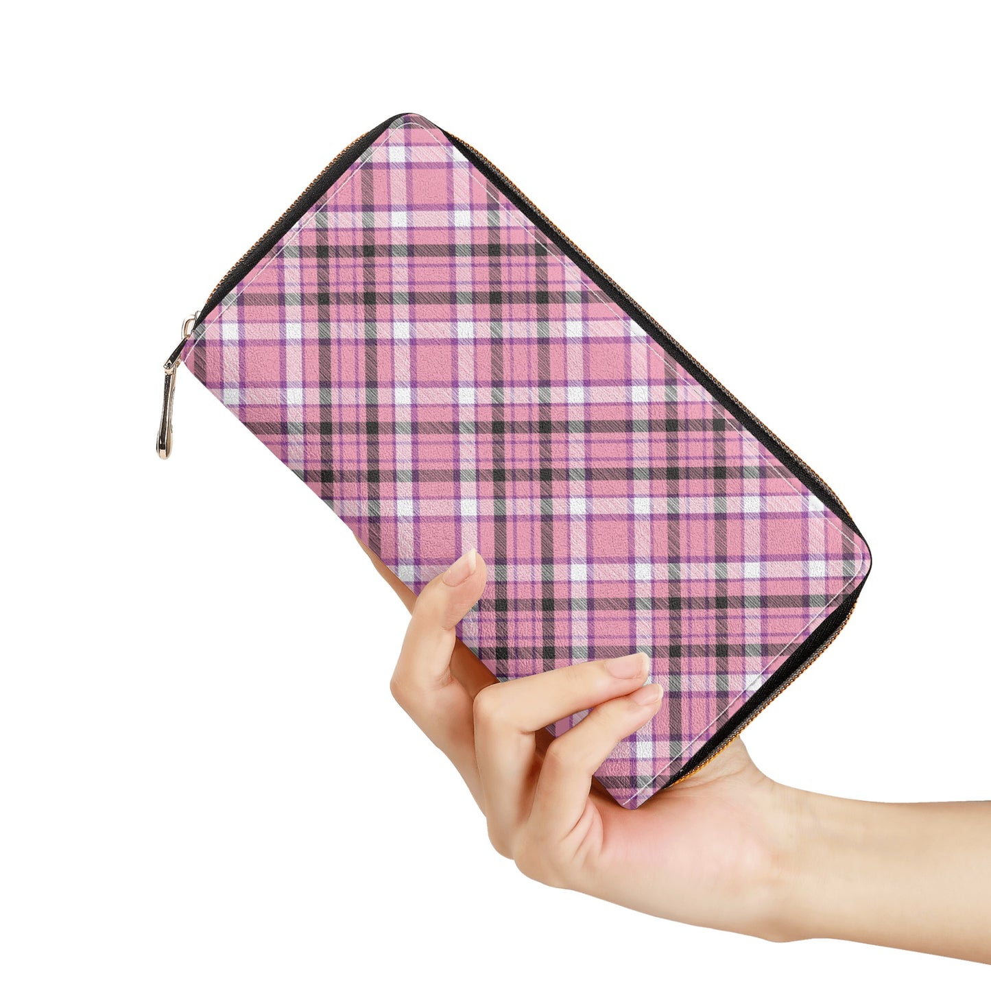 Chic Contrast: Pink & Black Argyle Plaid Pattern Leather Wallet (PU)