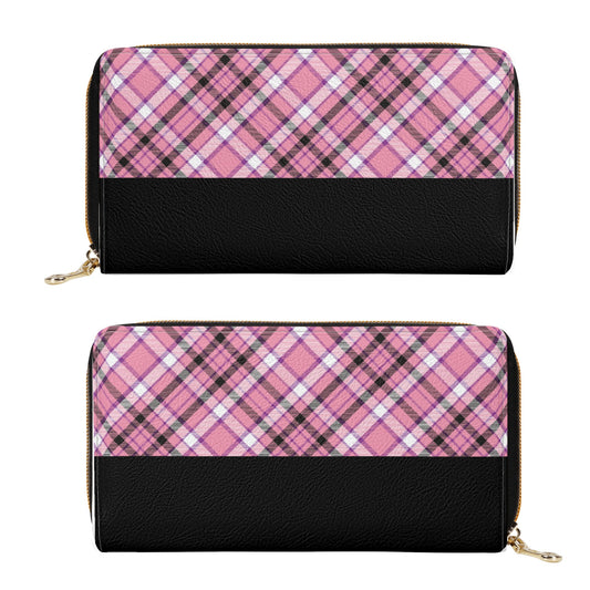 Chic Contrast: Pink & Black Argyle Plaid Pattern with Black Band Leather Wallet (PU)