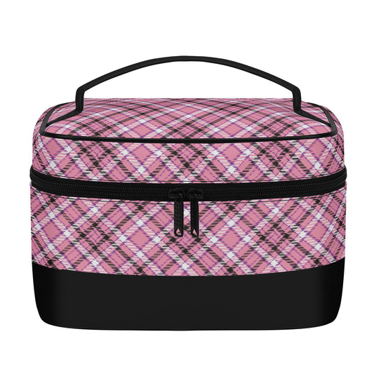 Chic Contrast: Pink & Black Argyle Plaid Pattern with Black Band - Cosmetic or Toiletry Bag Faux Leather (PU)