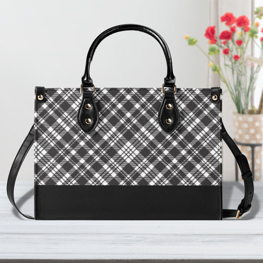 Chic Contrasting Black & Grey Argyle Plaid Pattern  with Black Band Leather Handbag (PU) - 3 Sizes