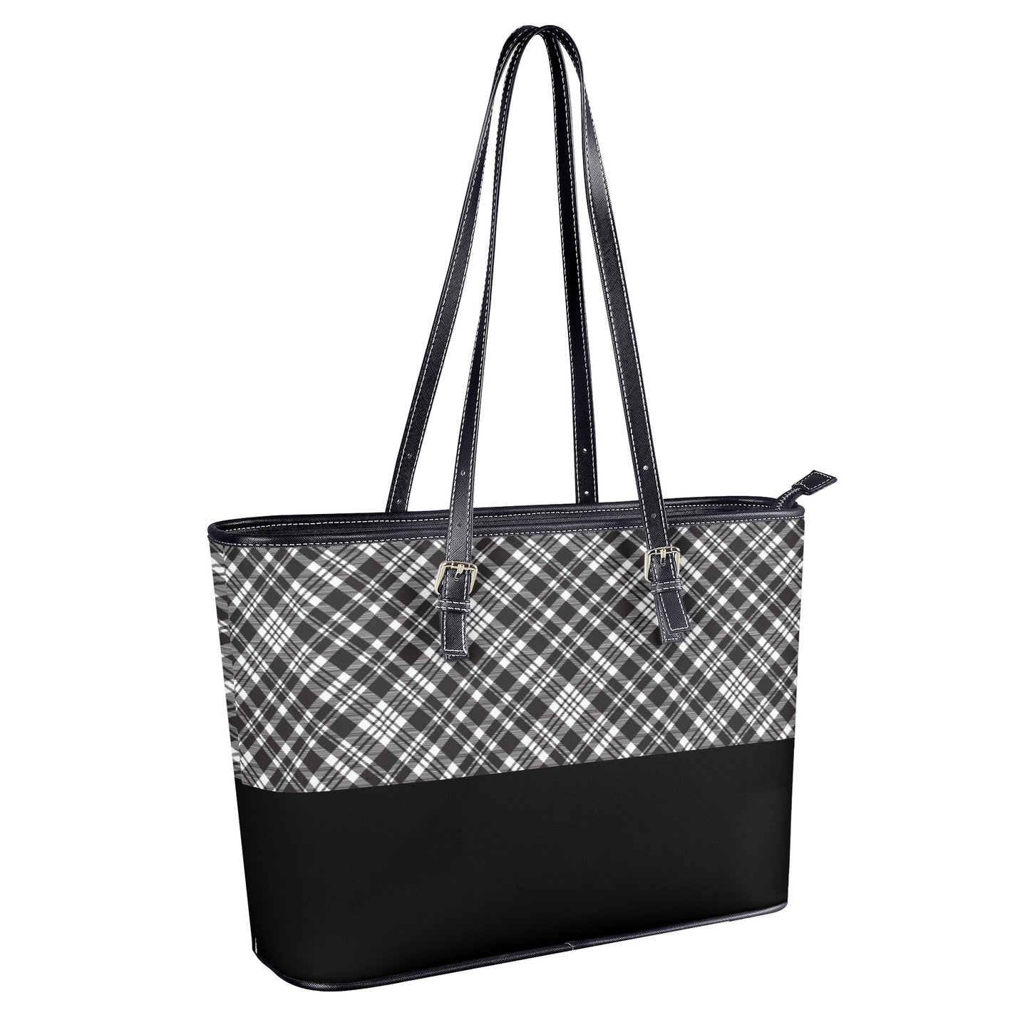 Chic Contrasting Black & Grey Argyle Plaid Pattern  with Black Band Professional Tote Bag Faux Leather (PU) - 2 Sizes