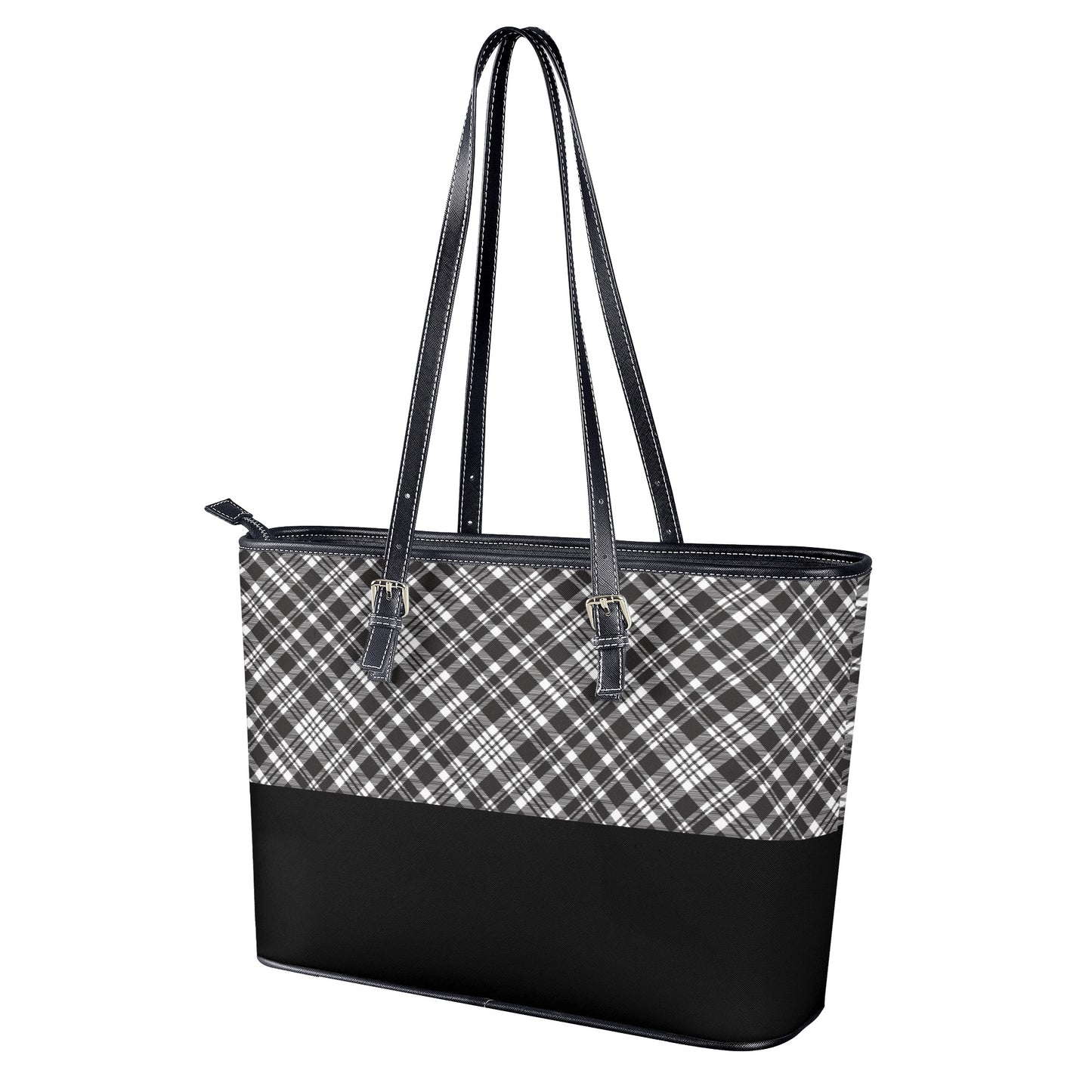 Chic Contrasting Black & Grey Argyle Plaid Pattern  with Black Band Professional Tote Bag Faux Leather (PU) - 2 Sizes