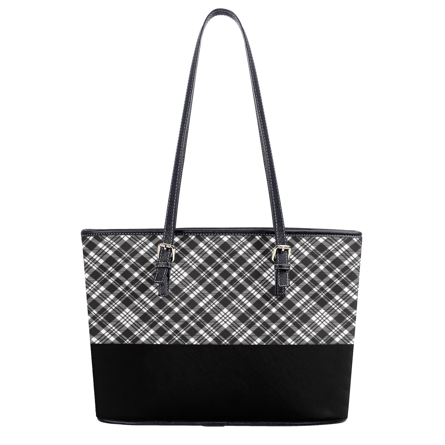 Chic Contrasting Black & Grey Argyle Plaid Pattern  with Black Band Professional Tote Bag Faux Leather (PU) - 2 Sizes