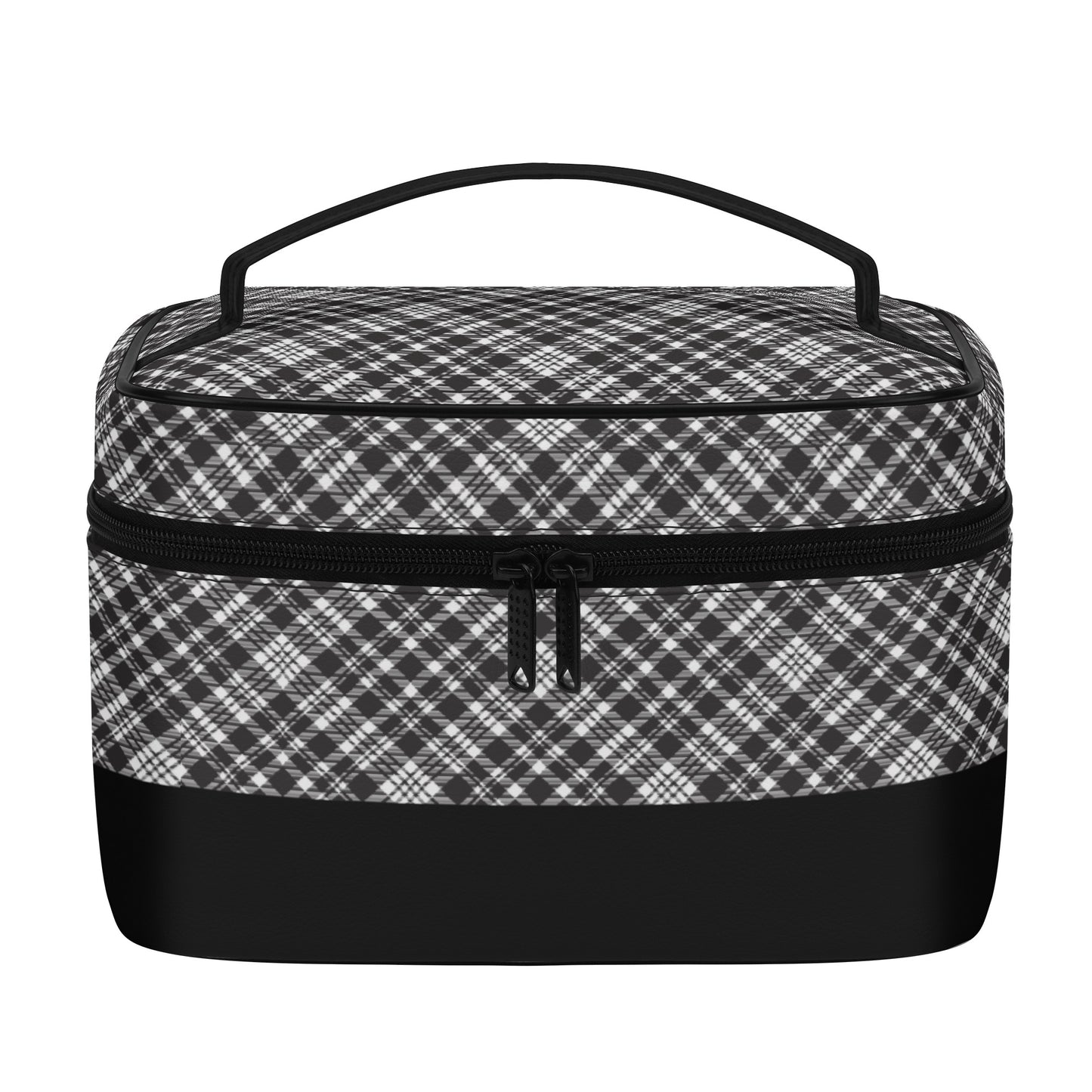 Chic Contrasting Black & Grey Argyle Plaid Pattern  with Black Band - Cosmetic or Toiletry Bag Faux Leather (PU)