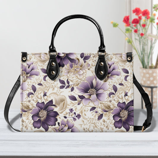 Purple Majesty: Watercolor Floral Design with Gold Foliage Accents Leather Handbag (PU) - 3 Sizes