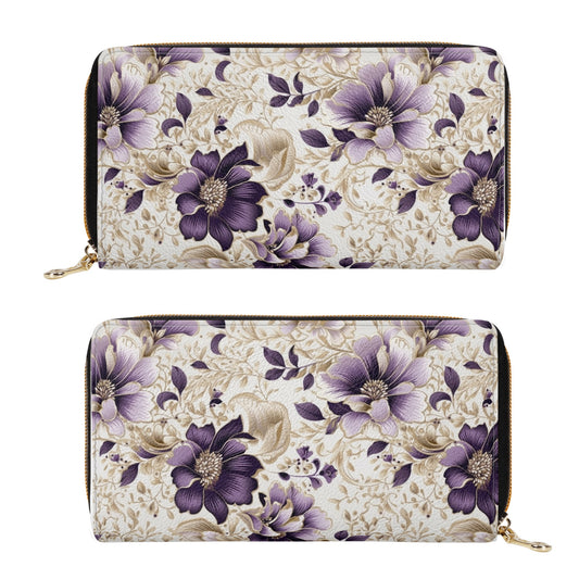 Purple Majesty: Watercolor Floral Design with Gold Foliage Accents Leather Wallet (PU)