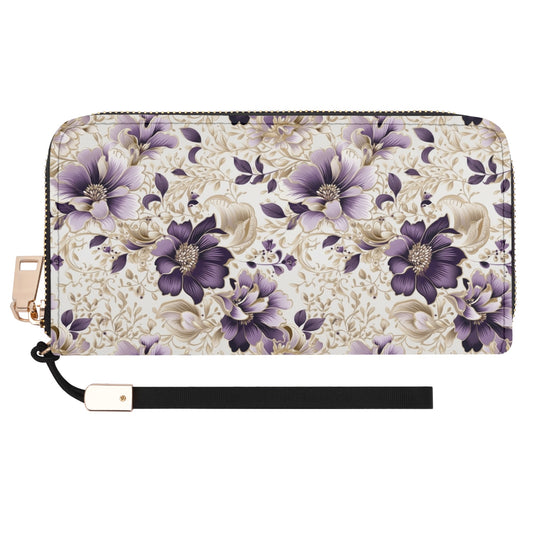 Purple Majesty: Watercolor Floral Design with Gold Foliage Accents - Wristlet Wallet Leather (PU)