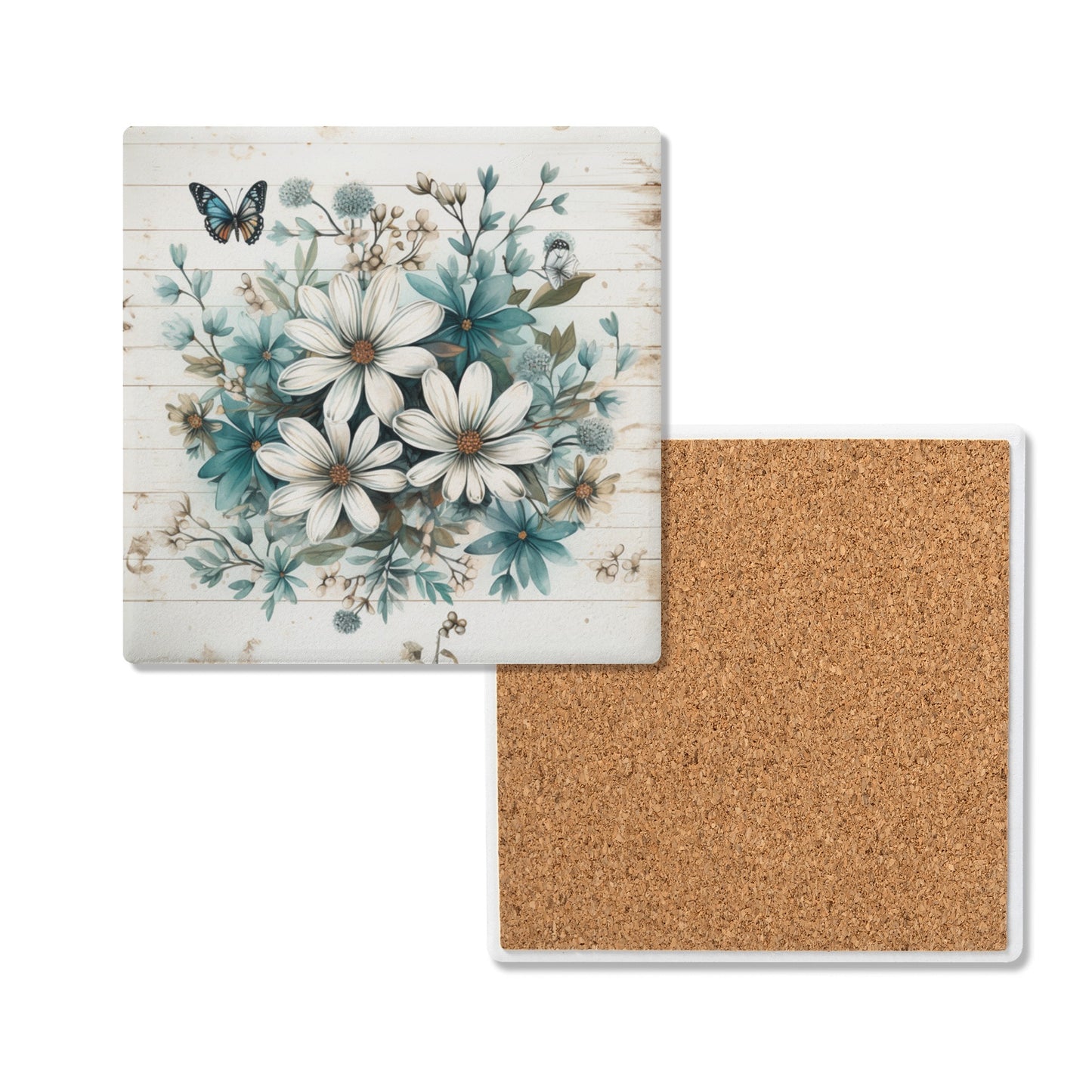 Rustic Farmhouse Daisy and Butterfly Design Square Ceramic Coasters - Set of 4