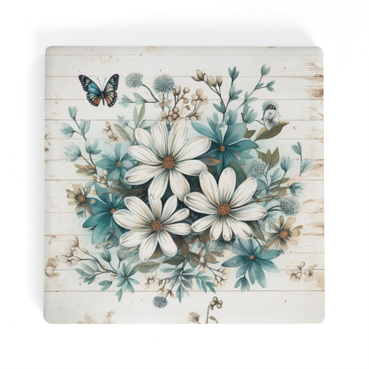 Rustic Farmhouse Daisy and Butterfly Design Square Ceramic Coasters - Set of 4