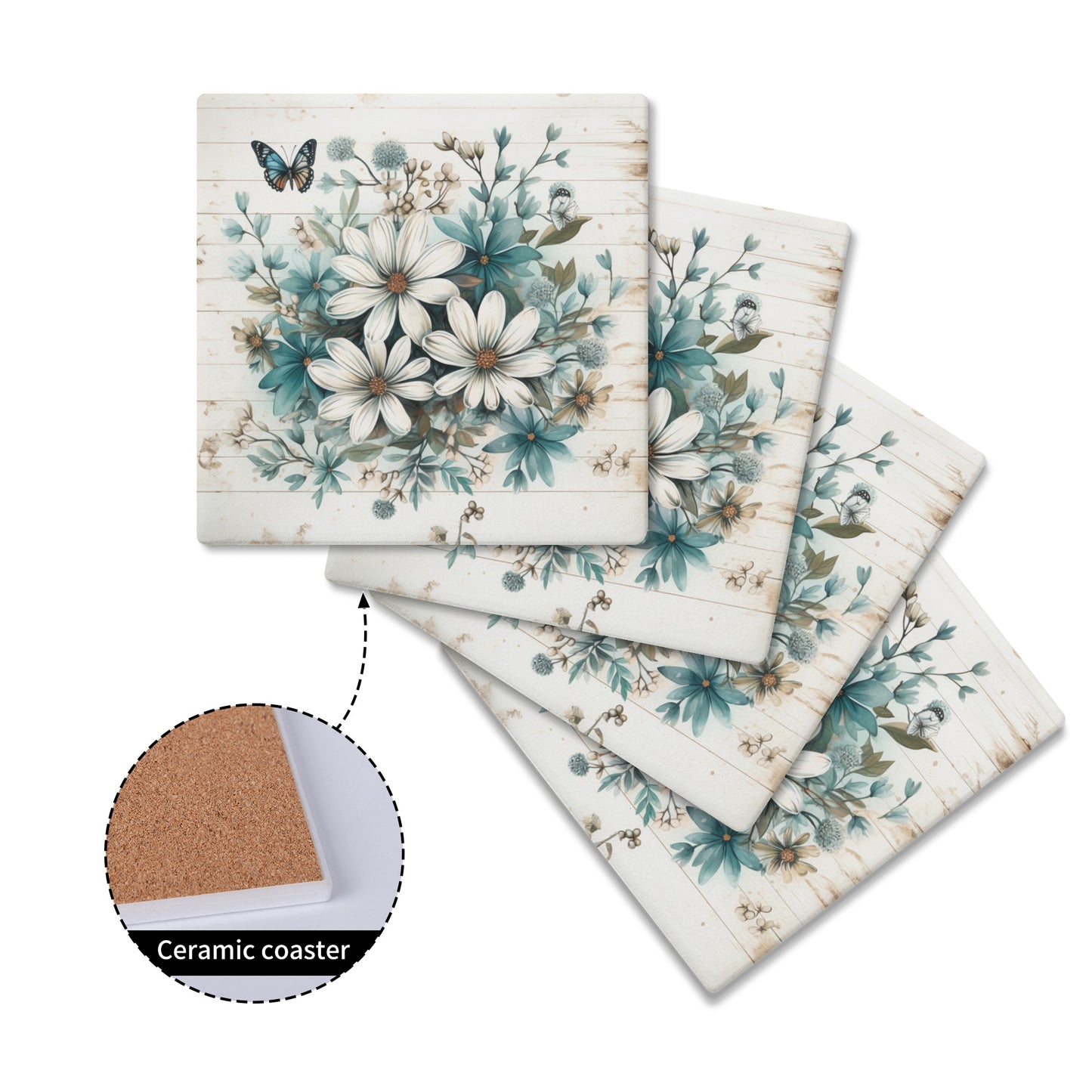 Rustic Farmhouse Daisy and Butterfly Design Square Ceramic Coasters - Set of 4