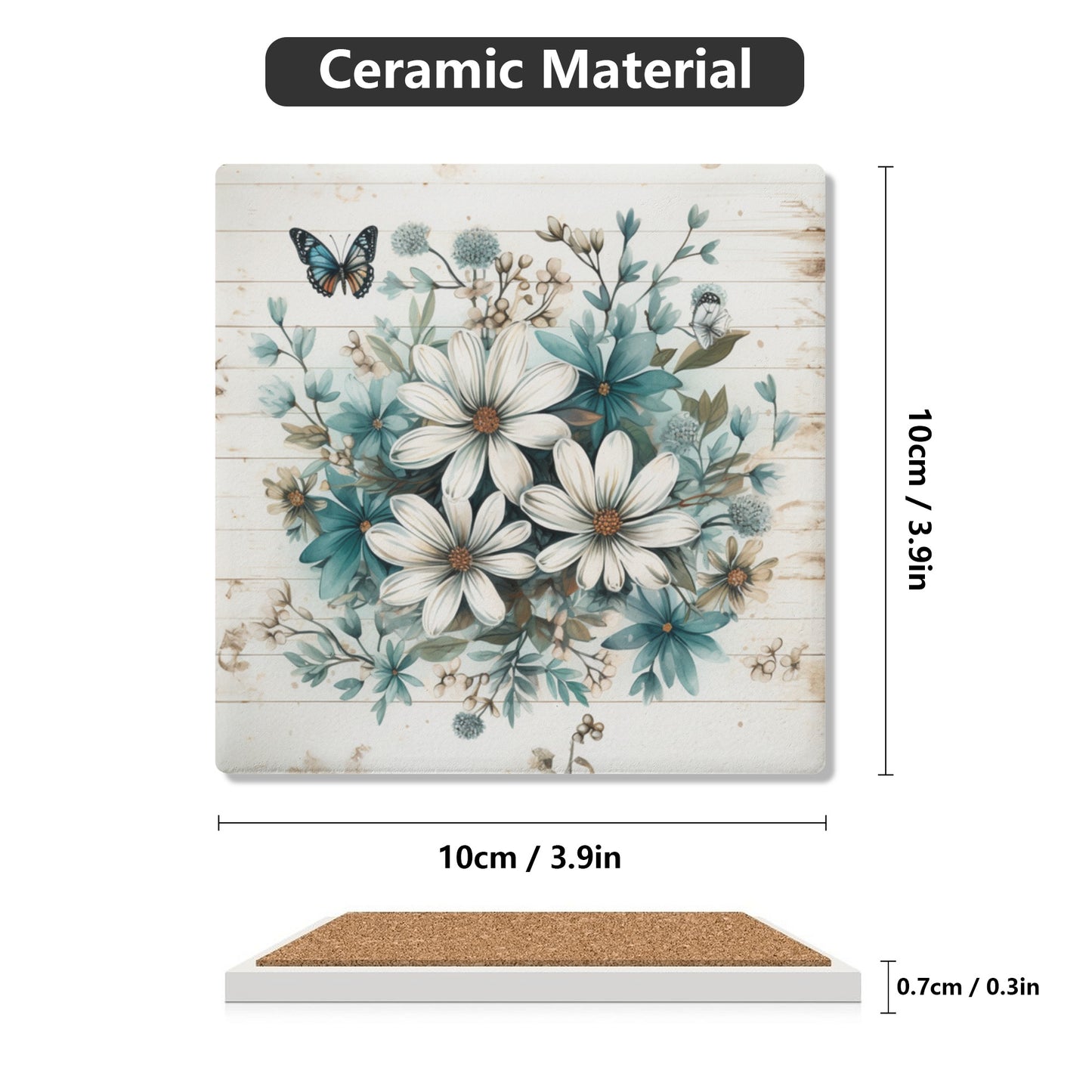 Rustic Farmhouse Daisy and Butterfly Design Square Ceramic Coasters - Set of 4