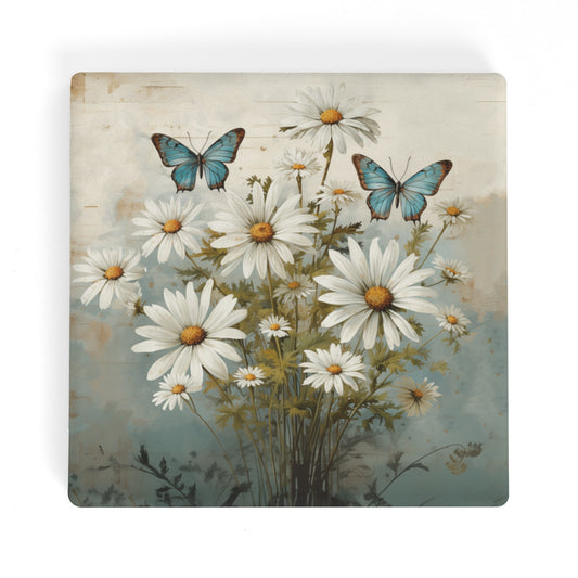 Rustic Farmhouse Daisy and Butterfly Design Square Ceramic Coasters - Set of 4