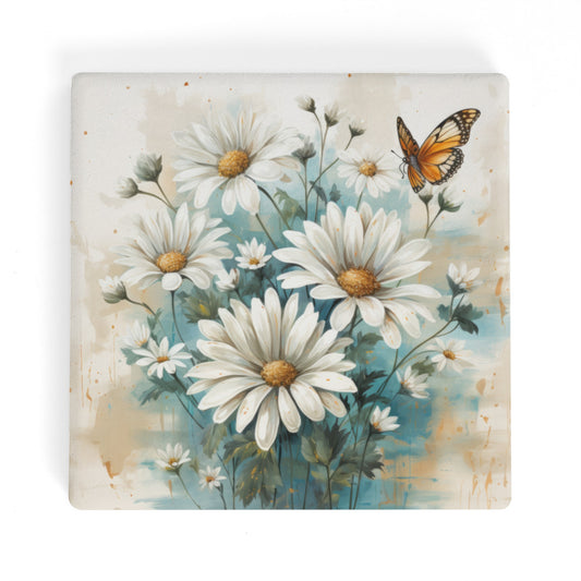 Rustic Farmhouse Teal and White Wild Daisies and Butterflies Square Ceramic Coasters - Set of 4