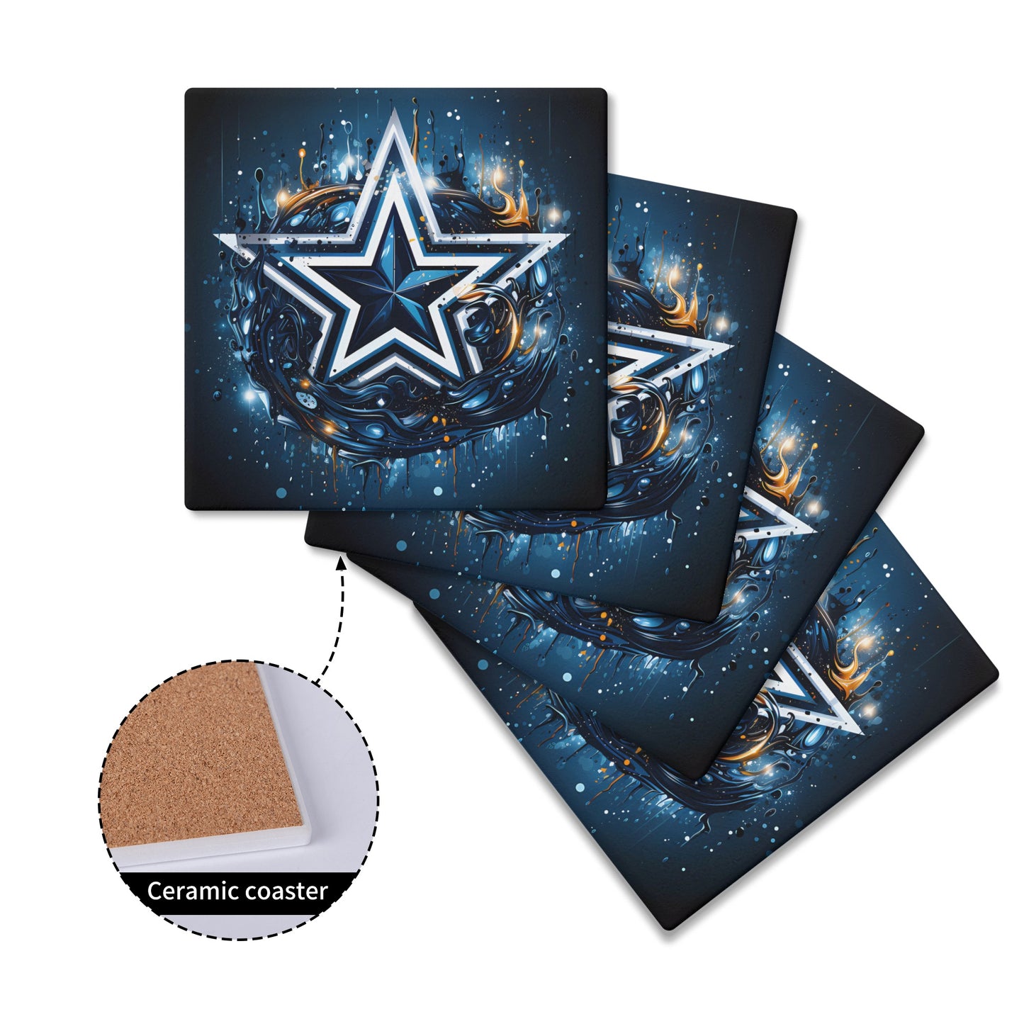 Dallas Cowboys Themed Star Square Ceramic Coasters - Set of 4