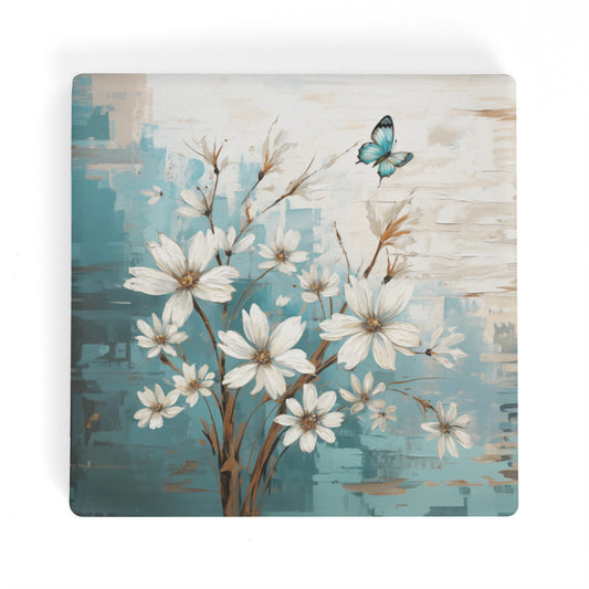 Rustic Farmhouse White and Teal Wild Daisies and Butterflies Square Ceramic Coasters - Set of 4