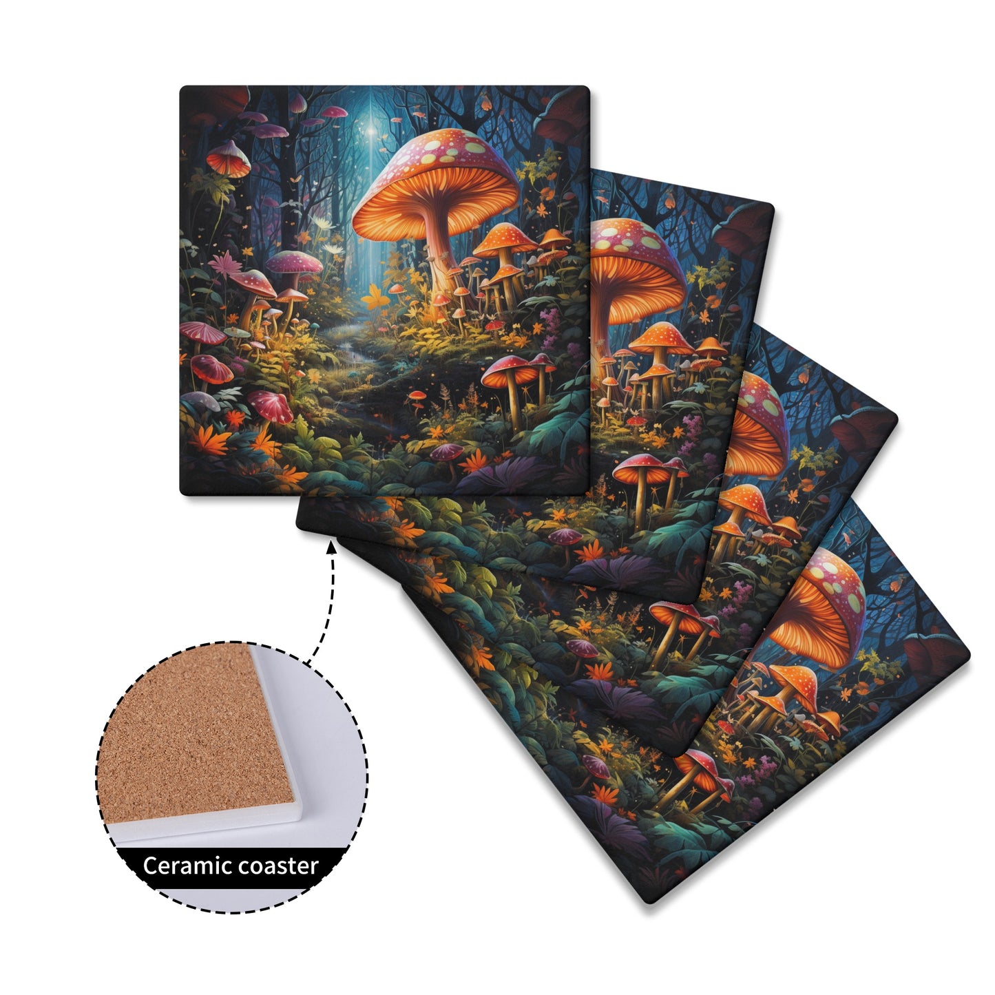 Fairytale Vibrant 3D Mushroom Garden Square Ceramic Coasters - Set of 4