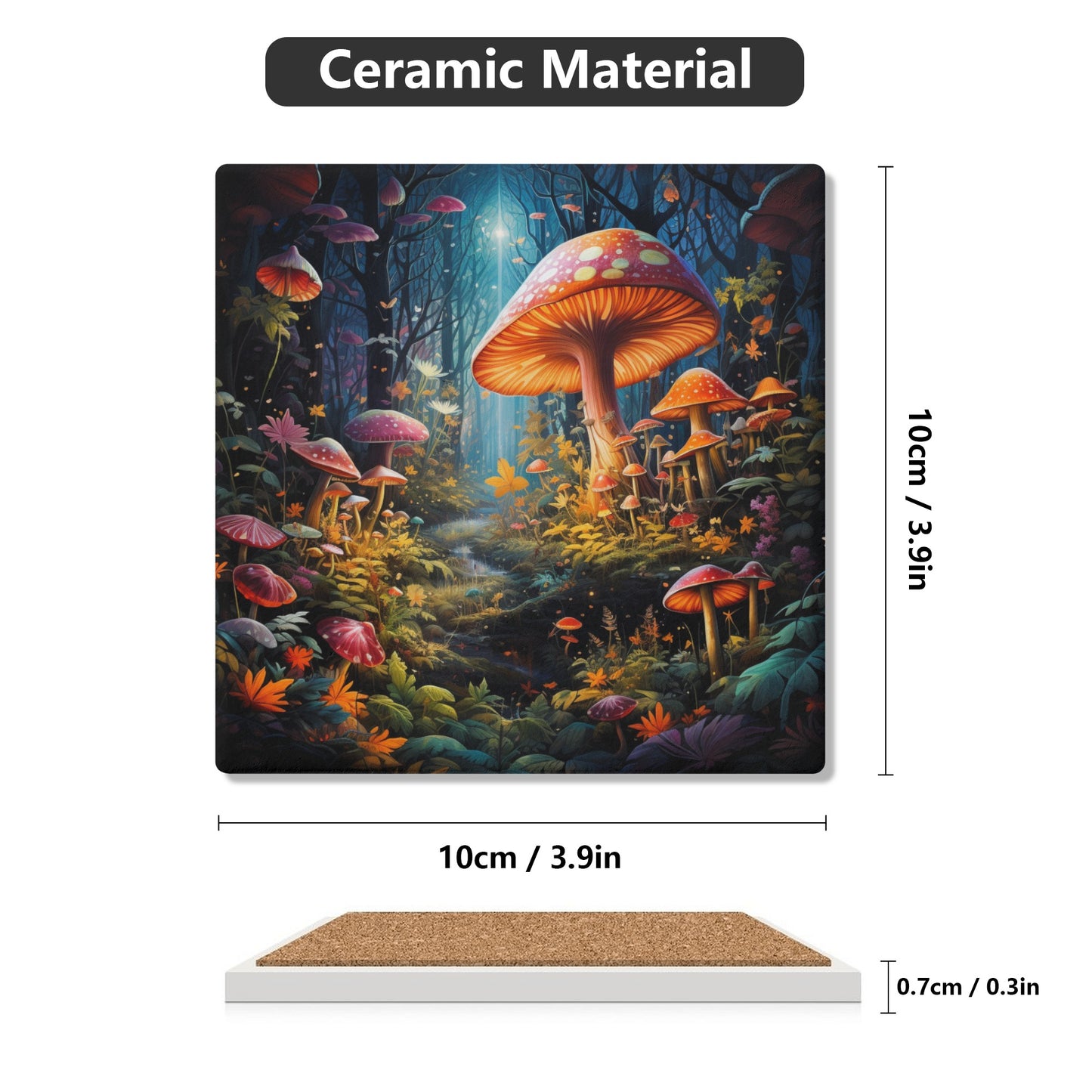 Fairytale Vibrant 3D Mushroom Garden Square Ceramic Coasters - Set of 4