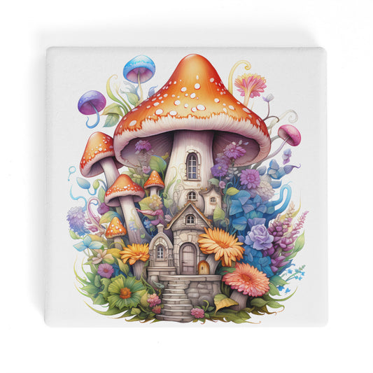 Whimsical Mushroom Flower Garden with House Square Ceramic Coasters - Set of 4