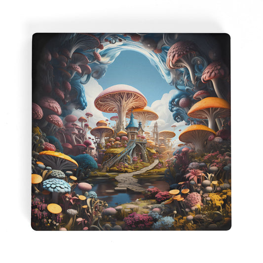 Fairytale Vibrant 3D Mushroom Garden with Mushroom House on a Hill Square Ceramic Coasters - Set of 4