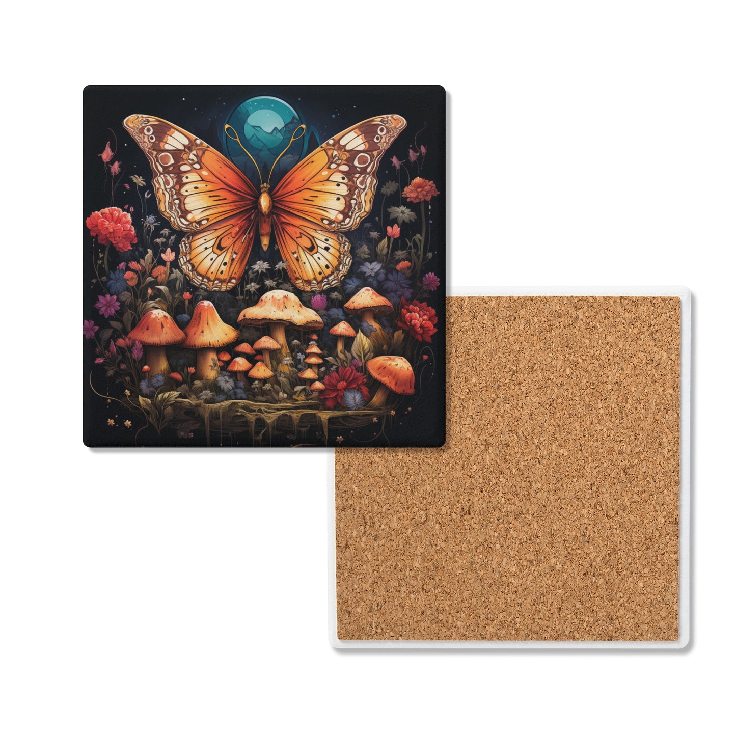 Mystical Butterfly with Mushroom Design Square Ceramic Coasters - Set of 4